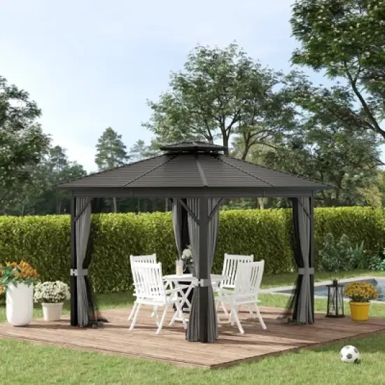 Outsunny 10' x 10' Metal Hardtop Gazebo with Mesh Sidewalls & Curtains, Double Roof Pavilion for Patio, Backyard, Deck, Porch, Gray image {1}