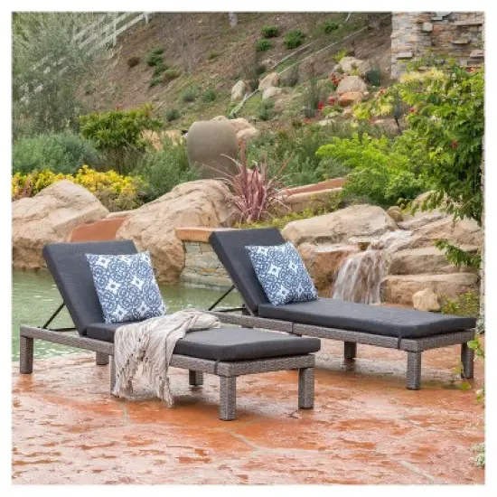 Puerta Set of 2 Wicker Chaise Lounge: Weather-Resistant Iron Frame & Gray Cushions - Christopher Knight Home image {3}