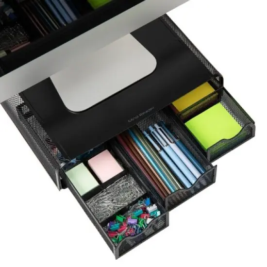 Mind Reader Monitor Stand, Ventilated Laptop Riser, Desktop Organizer, Storage, Metal Mesh, 13.25"L x 12.5"W x 3"H, Black image {2}