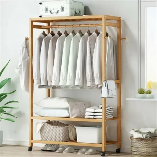 Artloge Heavy Duty Freestanding Bamboo Clothes Rail Shelf Rolling Garment Closet Wooden  Organizer Stand with 3 Tier Storage Shelf & Lockable Wheels image {8}