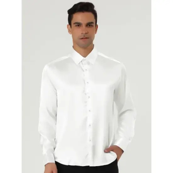 Lars Amadeus Men's Satin Point Collar Long Sleeve Button Down Slim Fit Dress Shirts image {1}