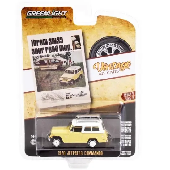 1970 Jeep Jeepster Commando w/Roof Rack Yellow w/White Top "Vintage Ad Cars" 1/64 Diecast Model Car by Greenlight image {2}