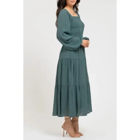 August Sky Women's Long Sleeve Smocked Midi Dress image {2}