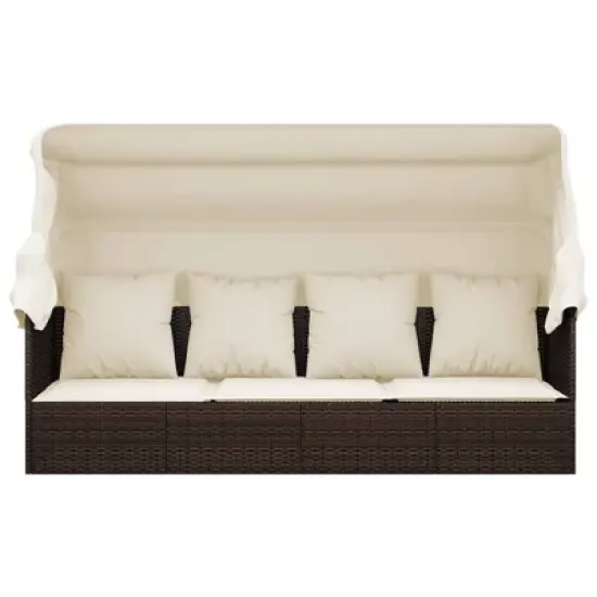 vidaXL Patio Lounge Bed with Roof & Cushions - Poly Rattan Outdoor Furniture, Adjustable Recliner, Brown/Cream White image {2}