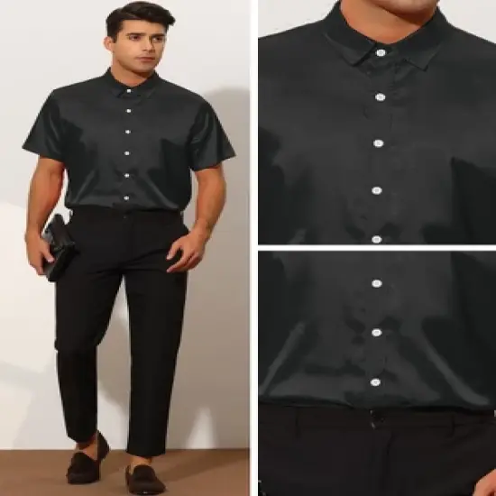 Lars Amadeus Men's Summer Short Sleeve Point Collar Button Down Satin Shirts image {3}