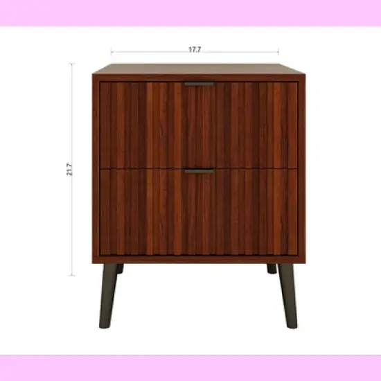 KWPZQEB Wooden Fluted Nightstand, 17.7" Wide Side Table with 2 Large Storage Drawers, Modern Night Stand for Living Room, Bedroom, Brown image {4}