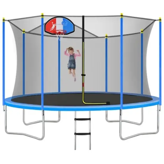 Easy-to-Assemble Kids Trampoline with Safety Fence Netting, Basketball Hoop and Ladder, Blue - ModernLuxe image {3}