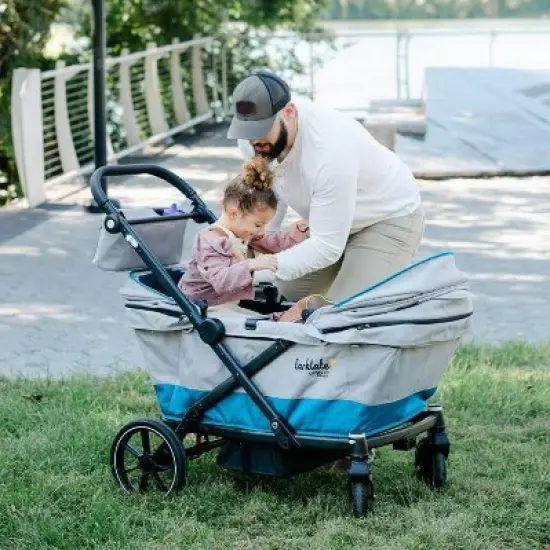 Larktale caravan coupe - Compact 2-Seater Stroller Wagon with Small Fold - Adjustable Canopies Included - Gray/Blue image {6}