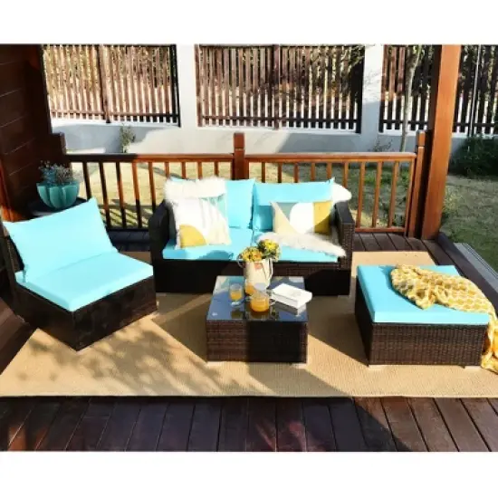 Costway 5PCS Patio Furniture Set Sectional Conversation Sofa Set w/ Coffee Table Blue image {3}