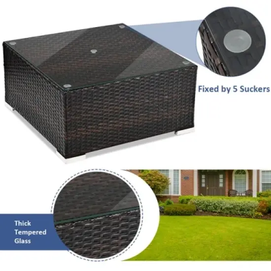 Tangkula 5PCS Cushioned Rattan Patio Conversation Set w/ Ottoman Navy Cushion image {3}