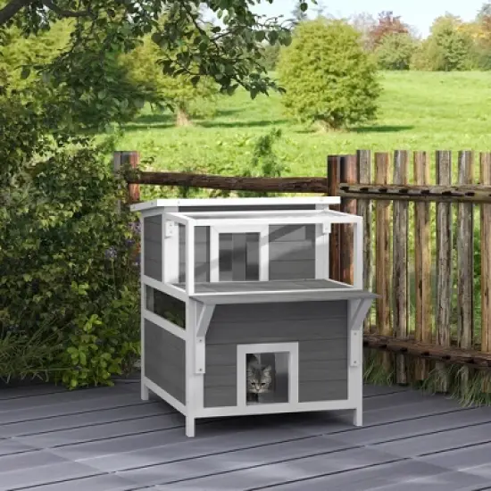 PawHut Outdoor Cat House with Balcony, Feral Cat Shelter with Weatherproof Openable Top, Escape Door, Removable Panel & Floor, for Backyard, Outside image {1}