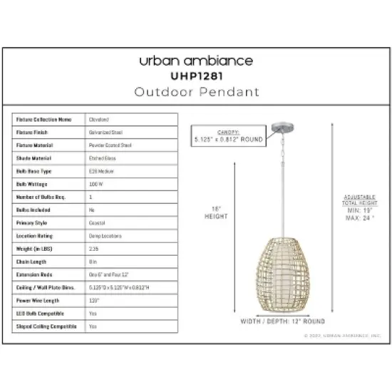 Urban Ambiance Luxury Bohemian Outdoor Pendant 16''H x 12''W,  Galvanized Steel Finish,  Cleveland Collection, UHP1281 image {2}