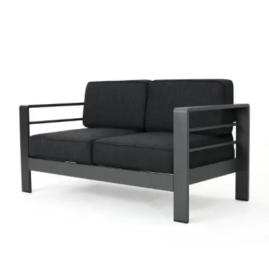 GDFStudio Liam Outdoor Aluminum Loveseat and Coffee Table Set with Cushions, Gray/Dark Gray image {2}
