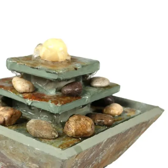 Sunnydaze Indoor Home Office Slate and Polished Stone Ball Tiered Tabletop Water Fountain with LED Light - 8" image {4}