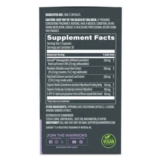 Daytime Focus & Balance Supplement Capsules, Supports Brain Health for Clarity & Mental Focus, Enhanced Mental Resilience, Sunwarrior, 60ct image {4}