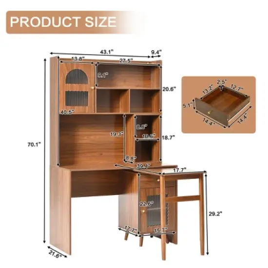 L Shaped Computer Desk With Hutch, Office Desk with 90 Degree Rotating Desktop, Corner Gaming Desk with Storage, Writing Table for Home Office image {2}