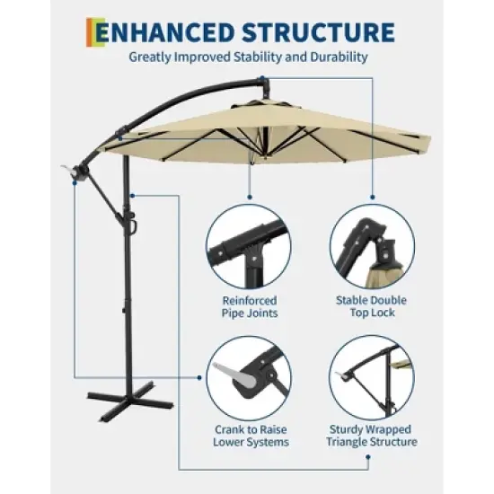 10FT Cantilever Umbrella with Cross Base - 2-6 People, Outdoor Offset Design with Crank Lift, Fade-Resistant Canopy for Deck Pool Garden Backyard image {3}