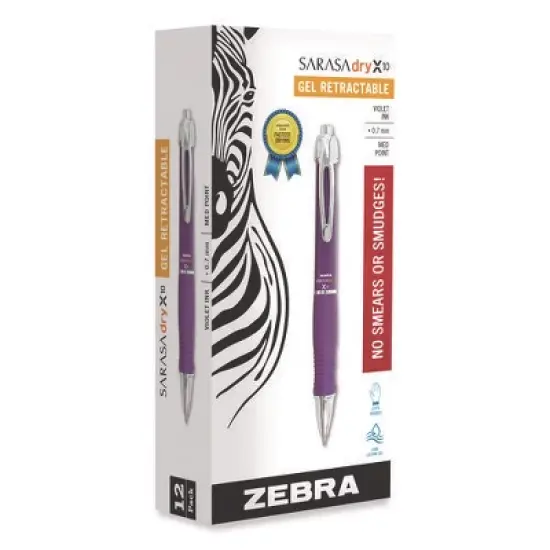 Zebra GR8 Gel Pen, Retractable, Medium 0.7 mm, Violet Ink, Violet/Silver Barrel, 12/Pack image {1}