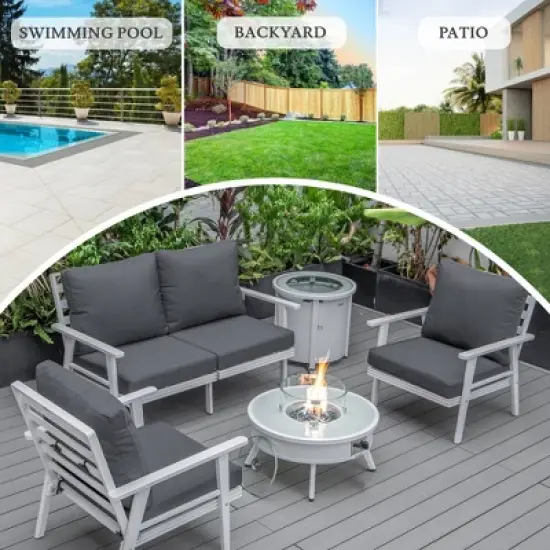 LeisureMod Walbrooke 4-Piece Modern White Patio Conversation Set &ndash; Square Fire Pit with Tank Holder & Sectional Seating for Outdoor Spaces image {4}