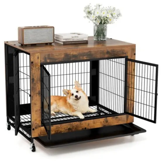 Tangkula Dog Crate Furniture Industrial Dog Kennel w/ Flip-up Top Decorative Pet House image {11}