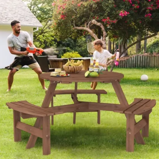 Tangkula 6-Person Round Picnic Table Set w/ 3 Built-in Benches 2" Umbrella Hole image {3}