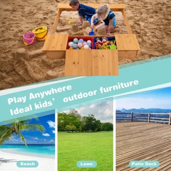 Costway Kids Wooden Sandbox w/ Bench Seats & Storage Boxes  Children Outdoor Playset image {3}