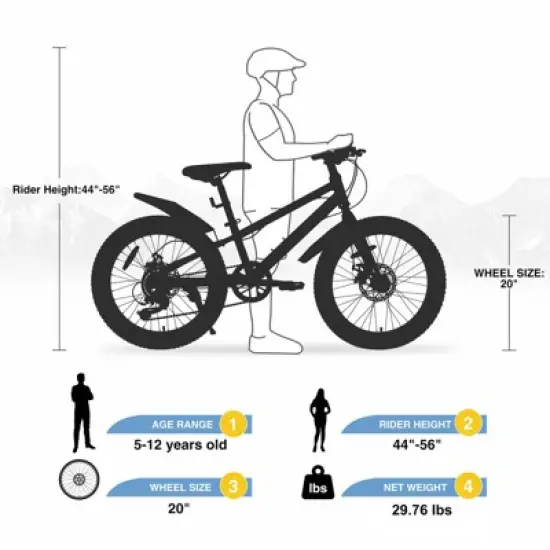 Aukfa Kids Mountain Bike Fat Tire 20 Inch 7 Speed Transmission with Fenders, Suitable for Girls and Boys Over 5 Years Old image {6}