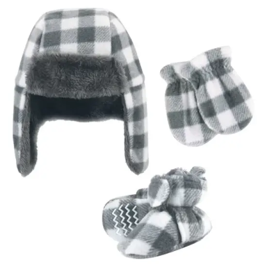 Hudson Baby 6Pc Trapper Hat, Mitten and Bootie Set, Charcoal White Plaid image {1}
