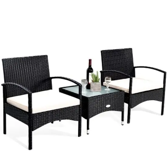 Costway 3 PCS Furniture Set Table & 2 Chair Patio Wicker Rattan W/Cushion image {2}
