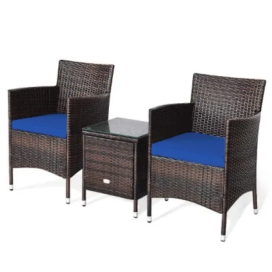 Tangkula 3-Piece Patio Wicker Rattan Furniture Set Conversation Sofa Set with Coffee Table Navy image {5}