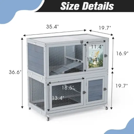 FURNIinspire Pet Crates and Houses Deluxe Two Story Rabbit Hutch with Slip Proof Ramps and Removable Trays, Grey, 35.4"*19.7"*36.6" image {2}
