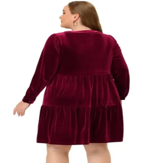 Agnes Orinda Women's Plus Size Velvet Winter Half Placket Pleat Long Sleeve Babydoll Dress image {3}
