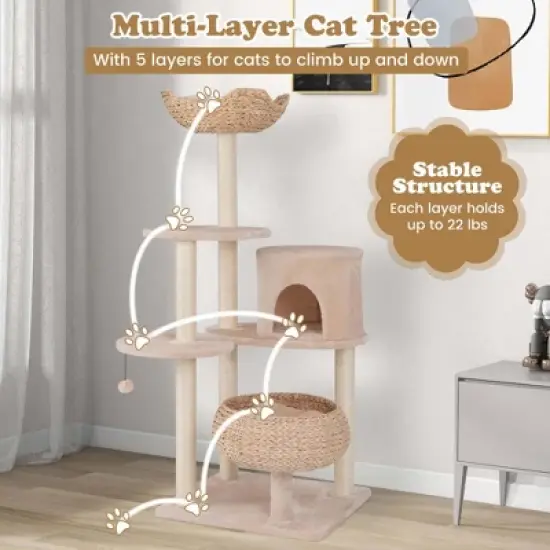 Costway 58" Cattail Cat Tower with Sisal Scratching Posts Perch Basket Ball Condo image {8}