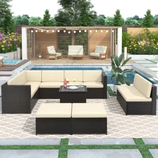 9pc Wicker Patio Sectional Seating Set with Cushions - Beige - GODEER image {1}