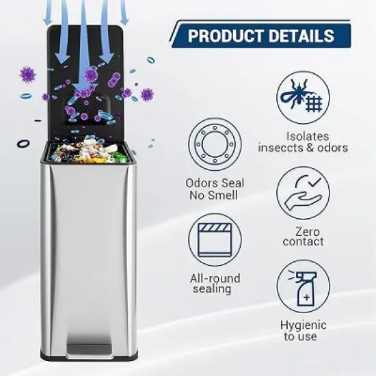 Slim 4 Gallon / 15L Stainless Steel Step Trash Can - Soft-Close Lid, Removable Inner Bucket, Space-Saving Rectangular Design,Silver image {3}