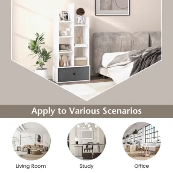 Tangkula Tree Shaped Bookcase with Drawer Free Standing Bookshelf with 7 Open Storage Shelves Tall Display Rack with Bookshelves White image {6}