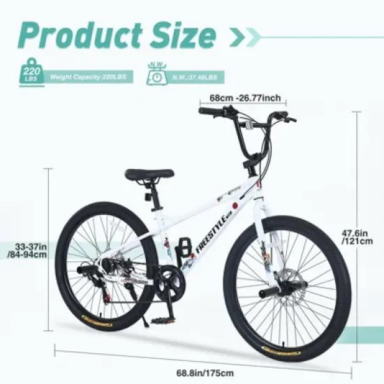 INFURNIC Bicycles Freestyle Kids Bike with Shimano 7 Speed and Double Disc Brakes for Boys and Girls 12 Years and Up, White, 68.8"*26.77"*47.6" image {1}