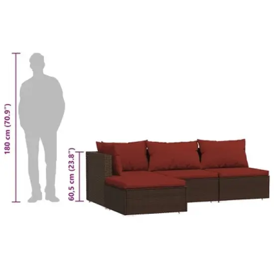 vidaXL Patio Lounge Set - 4-Piece Outdoor Sectional Sofa Set - Brown Poly Rattan with Cushions - Ideal for Garden, Deck, Patio image {11}