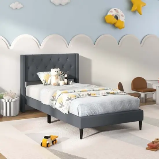 Costway Twin Size Upholstered Platform Bed with Button Tufted Wingback Headboard Blue/Grey image {11}