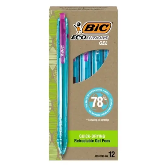 BIC Ecolutions Ocean-Bound Plastic Gel Pens, Medium Point (1.0mm), 12-Count Pack, Retractable Pens Made from 78% Ocean-Bound Recycled Plastic Excluding Ink Cartridge image {8}