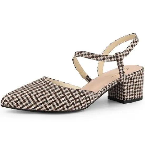 Perphy Houndstooth Printed Pointed Toe Slingback Chunky Heels Mules for Women image {6}