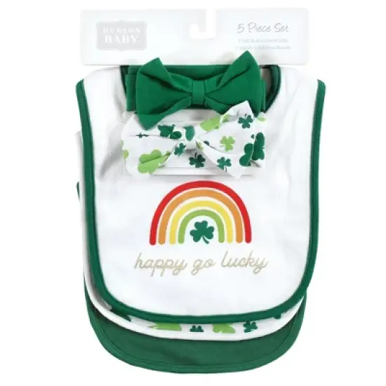 Hudson Baby Infant Girl Cotton Bib and Headband or Caps Set, St Patricks Rainbow, 0-9 Months image {1}