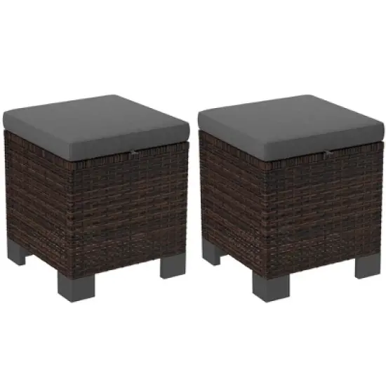 Outsunny 2 Pieces Wicker Outdoor Ottomans with Cushions, 3-in-1 PE Rattan Ottoman Seat, Footrest and Side Table for Backyard, Poolside image {9}