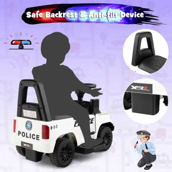 Costway 2-in-1 6V Kids Ride On Police Car Toddler Push Car w/ Megaphone & Siren White\Black image {7}