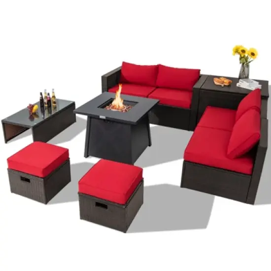 Tangkula 9PCS Outdoor Patio Furniture Set with 30" Propane Fire Pit Table PE Wicker Space-Saving Sectional Sofa Set w/ Storage Box & Cushions image {13}