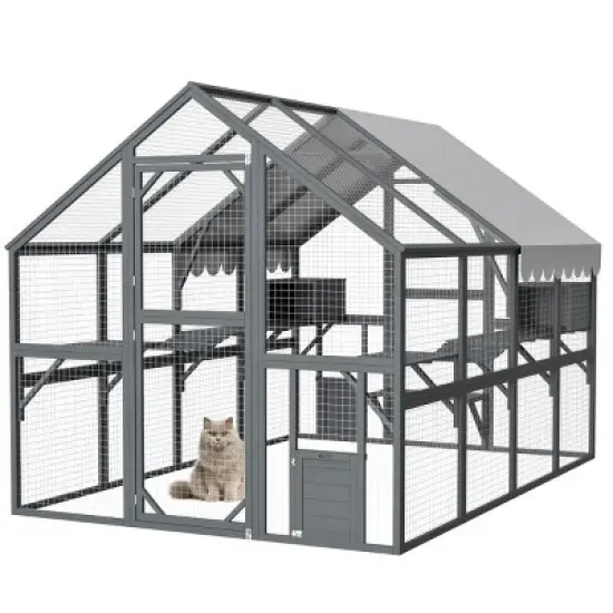 Outdoor Wooden Cat House with Metal Mesh, Waterproof Roof, Catio Enclosure & Cat Run for Patio or Backyard &ndash; The Pop Home image {4}