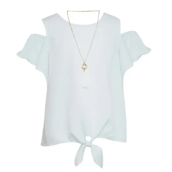 Amy Byer Girls' Short Sleeve Cold Shoulder, Tie Front Top with Necklace image {4}