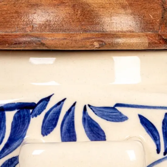 Storied Home Hand-Painted Stoneware Canister with Design, Acacia Wood Lid and Spoon, Cream, Blue and Natural image {2}