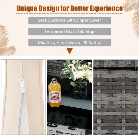 Costway 4PCS Patio Rattan Furniture Set Sofa Ottoman Cushion Garden Deck White/Gray image {7}