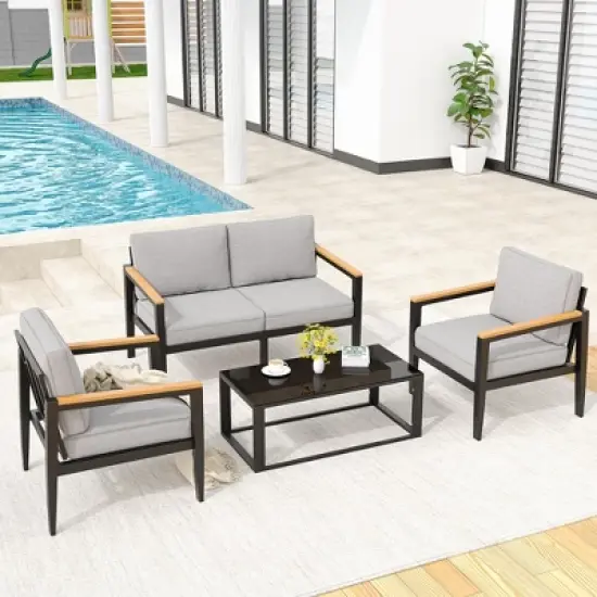 Outdoor Patio Sofa Set 4 Piece Aluminum Furniture with Glass Coffee Table and Washable Cushions for Garden, Porch, Terrace image {5}
